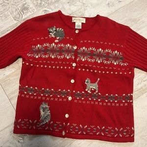 Susan Bristol Vintage Kitty Cat Red Cardigan size Medium